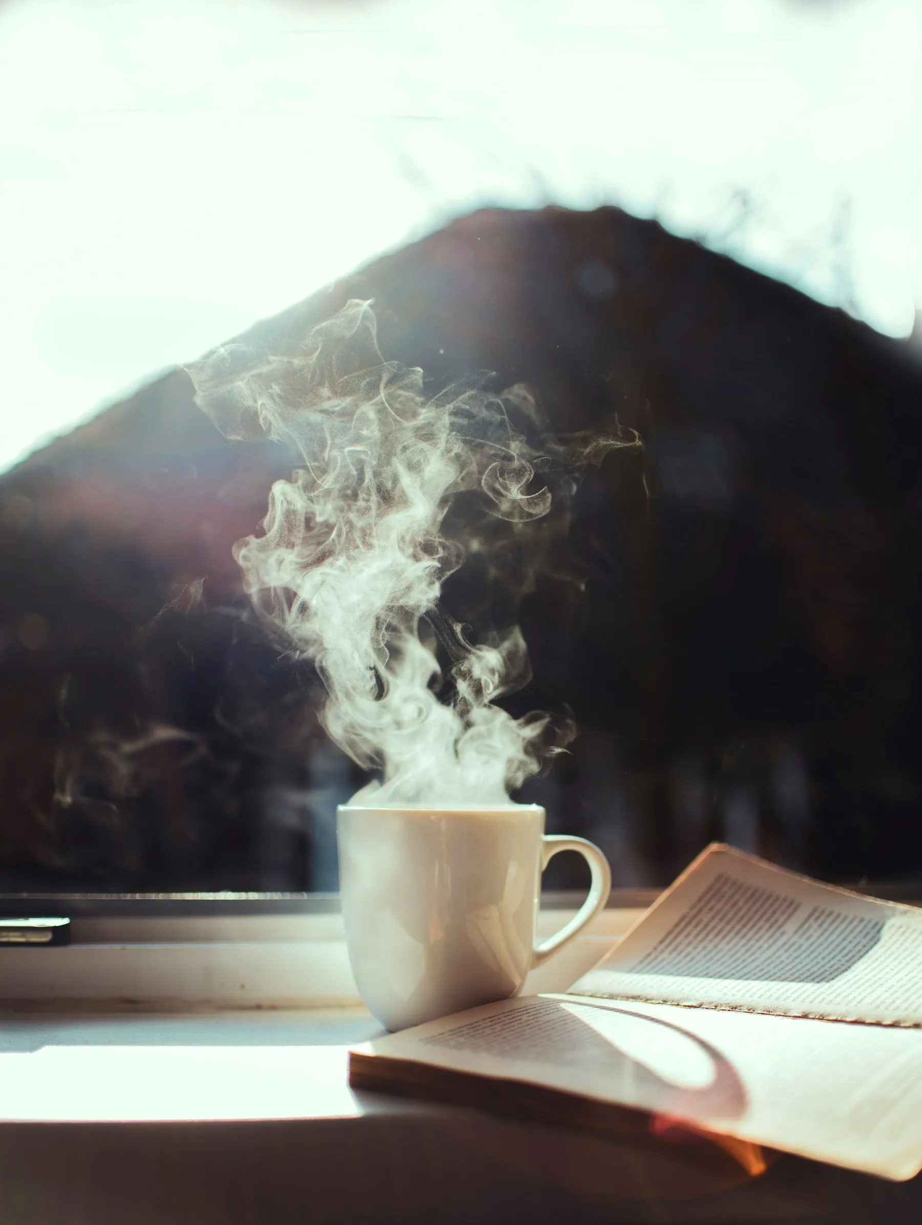 A steaming cup of coffee beside an open book in morning light